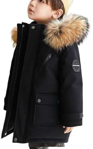 duxyoz Manteau parka pour enfants – rembourré, à capuche, épais, lourd, coupe-vent, chaud, capuche en fausse fourrure, manches longues, manteau thermique matelassé pour enfants de 5 à 16 ans, Noir