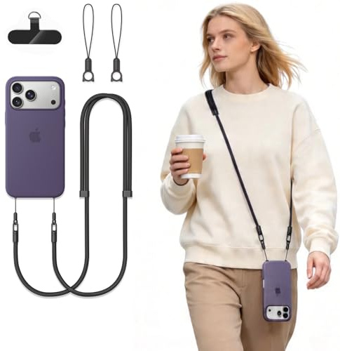 Casecret Cordon Telephone Portable Sangle Téléphone Universelle Adjustable avec 2 Charmes Chat Patch et Crochet 360° Anti-Chute et Anti-Vol pour iPhone 17/17 Pro/17 Pro Max/17 Air Toutes Coques Noir