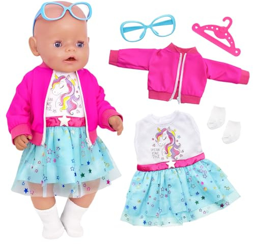 Zouonou Baby Puppen Puppenkleidung 35-43 cm, 5-teiliges Outfit mit Magenta Jacke, Coole Brille + Kleid + Socken + Kleiderbügeln Babypuppe Kleidung Zubehör für 14-17 Zoll Baby Puppen (Ohne Puppe)