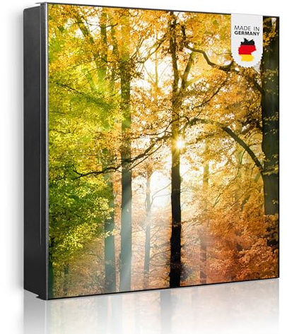 banjado Großer Schlüsselkasten Metall - Schlüsselbox 30x30cm beschreibbarer mit 32 Haken - Schlüsselkasten modern für Schlüsselaufbewahrung - Korpus Schwarz Scharnier Rechts - Motiv Herbstwald