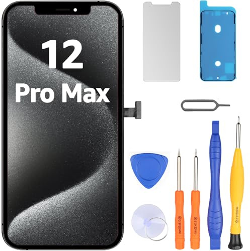 LL TRADER Display für iPhone 12 Pro Max 6.7 LCD Ersatzbildschirm und Kits | Retina FHD 3D Touch Digitizer Rahmenmontage mit Wasserfestem Klebeband und Displayschutzfolie (True Tone Programmierbar)