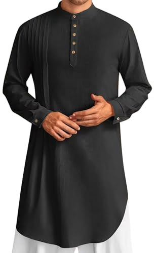 RUMAOZIA Kaftan - Bata de algodón y lino para hombre, cuello alto, camisa de lino, camisa de lino para hombre indio, kurta, túnica larga, ramadán, camisa árabe para ocasiones festivas y moda étnica, O