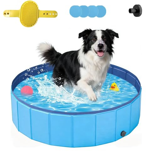 Hundepool 100x30cm, Hundepool Faltbar, Hundeplanschbecken, aus kratzfestem PVC-Material,Anti-Rutsch-Belag & schnelle,Entleerung, Keine Pumpe benötigt, mit Badebürste Ablassventil PVC-Aufnäher x 4