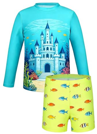 Verano Traje de Baño Niño Traje de baño de Manga Larga para niños con Estampado Azul, Incluye bañador de Manga Larga y Shorts de baño. Ropa de Playa para niños.