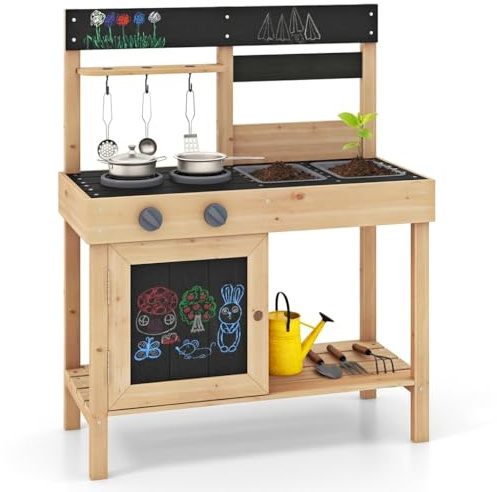 GYMAX Kids Mud Kitchen, Outdoor Fir Wood Toy Kitchen with 2 Removable Sinks, Stoves & Kitchenware, Children Cooking Role Playset for 3 Years Old+ | Outdoor Fir Wood Toy Kitchen with 2 Removable Sinks, Stoves & Kitchenware, Children Cooking Role Playset for 3 Years Old+