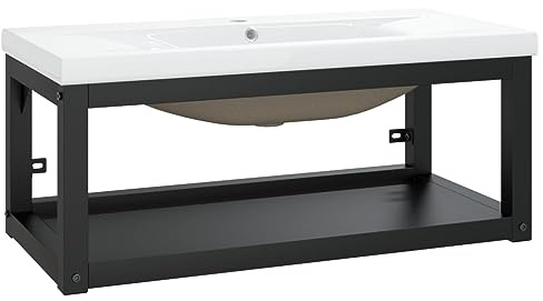 ULUYYUC Lavabo da parete con lavabo in ceramica, nero | Lavabo aperto con lavabo bianco da incasso per un utilizzo salvaspazio in bagno o lavanderia.