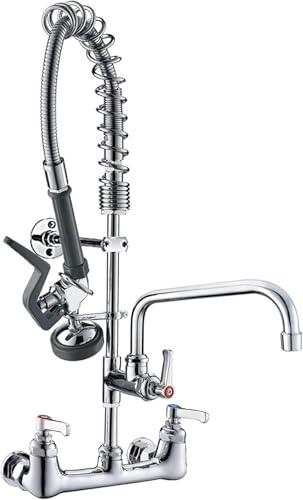 BESTJEEF Commercial Wall Mount Kitchen Sink Faucet Brass Constructed Polished Chrome Pre-Rinse Device 25 Height 8 Center with Spring Pull Down Sprayer and 12 Add-on Spout (25 inches)