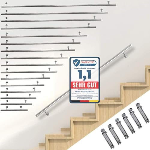 Melko Handlauf Edelstahl V2A Treppengeländer 190 cm Wandhandlauf rostfrei | Ø 4,2 cm Rundrohr, inkl. Wandhalterung, Endkappen, Schrauben und Dübel, für Innen- und Außenbereich, leichte Montage