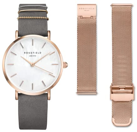 Rosefield West Village Gift Set Damen Geschenkset: elefantengraues Lederarmband 33mm + goldfarbenes Edelstahl-Mesh-Armband