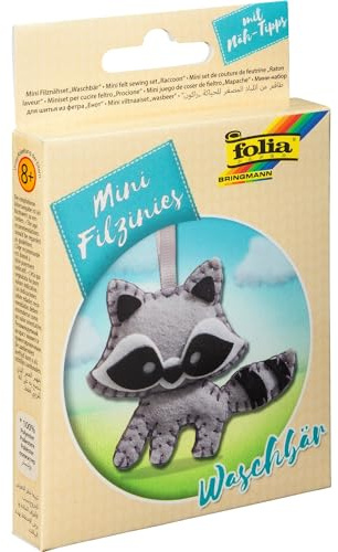 folia 52908 - Filz Nähset für Kinder-Mini Filzinie, Anhänger Waschbär, 12 teilig - Filznähset zur Herstellung eines selbstgenähten Anhängers
