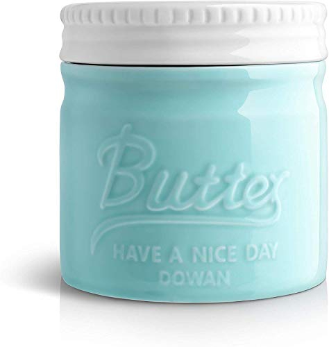 DOWAN Butter Keeper Crock, Mantequera Francesa con Tapa, Mantequilla Estilo Tarro de Masón de Porcelana, Recipiente de Mantequilla en Relieve para Mantequilla Casera Untable con Sabor Fresco, Azul