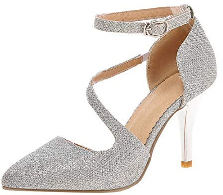 MISSUIT Damen High Heels Glitzer Pumps mit Riemchen Stiletto Pumps Spitz 8cm Absatz Kleid Hochzeit Brautschuhe
