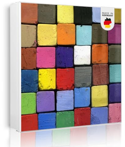 banjado Großer Schlüsselkasten Metall - Schlüsselbox 30x30cm beschreibbarer mit 32 Haken - Schlüsselkasten modern für Schlüsselaufbewahrung - Korpus Weiß Scharnier Links - Motiv Bunte Kreide