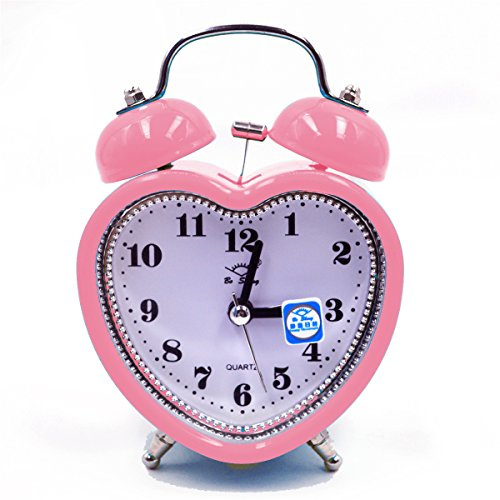 Meyaus 3in Small Heart Shape Loud Twin Bell Plastic Alarm Clock Silent Analog Quartz Nightlight Clock for Heavy Sleepers