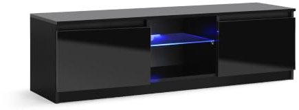 MMT Meuble TV moderne avec étagères et 2 armoires de rangement Noir brillant avec lumières LED – Meuble TV pour salon, chambre à coucher – 140 cm