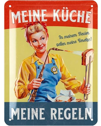 LANOLU Retro Blechschild Küche - Vintage Schild mit Spruch - MEINE KÜCHE MEINE REGELN - lustige Wanddeko Küche - Poster als Metallschild mit Stanzung 15x20 cm
