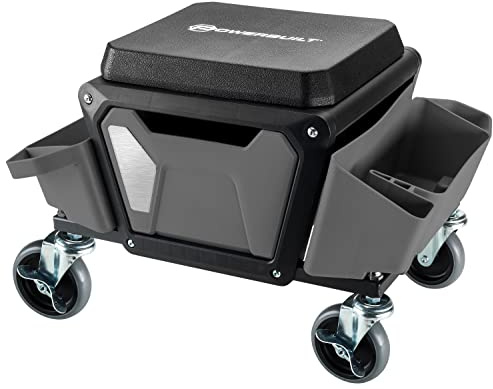 Powerbuilt Rolling Work Seat Brake Stool with 4 inch Rubber Lockable Wheels, Big Seat Plattform, Tool Trays and Drawer 150 kg Capacity, Mechanics, Gardening, Garage - 941881ECE