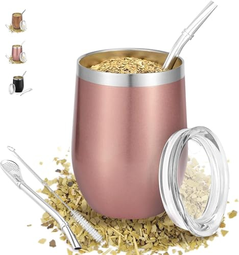 TELANKS Mate Becher 340 ml, 18/8 Edelstahl Doppelwandige Mate Tasse | Komplettes Mate Set mit Becher, Bombilla und Bürste – ideal für Yerba Mate Liebhaber und als Geschenk, Roségold