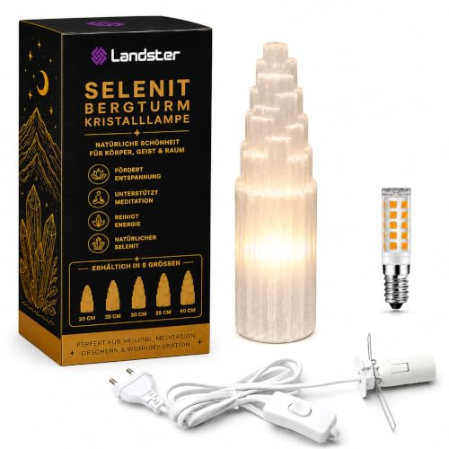 Landster Selenit-Lampe 30 cm - Handgefertigter Selenit-Kristall-Turm - Natürliche Edelstein-Tischlampe für Energie-Reinigung, Meditation & Dekoration - Ambient Light Home Decor