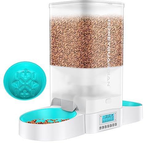 HoneyGuaridan Automatic Cat Feeder for 2 Cats, Equally Distributed Cat Feeder Timer Dispenser with Slow Feeder Bowls, 4-stage Seal Lock Fresh, Up to 6 Meals a Day - for Multi-Cats & Dogs (5L)