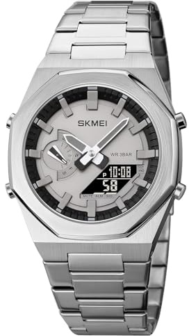 SKMEI Orologio elettronico da uomo a doppia visualizzazione, luminoso, resistente all'acqua fino a 50 m, orologio sportivo multifunzione, 1816, Argento e nero, Classico
