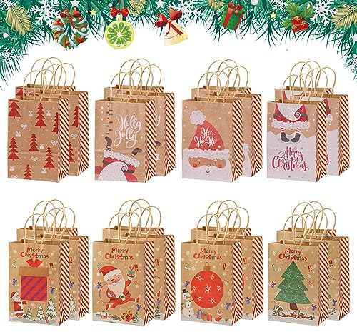 24 Stück Weihnachts Kraft Geschenktaschen,Geschenktüten Weihnachten,Weihnachtsgeschenktüten,Weihnachtsgeschenktüten Wiederverwendbar,Weihnachtspapiertüten mit Henkel (F)