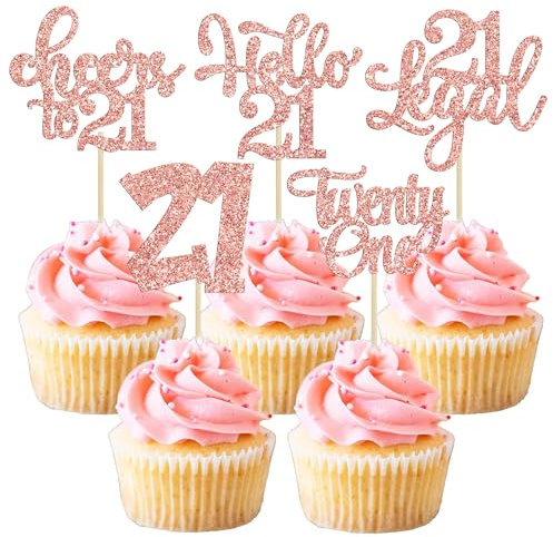 Gyufise 30Pcs 21st Birthday Cupcake Toppers - 24Pcs Assembled, Rose Gold Glitter - Cheers to 21 Years Old Cake Decorations for 21st Birthday Anniversary Party Supplies