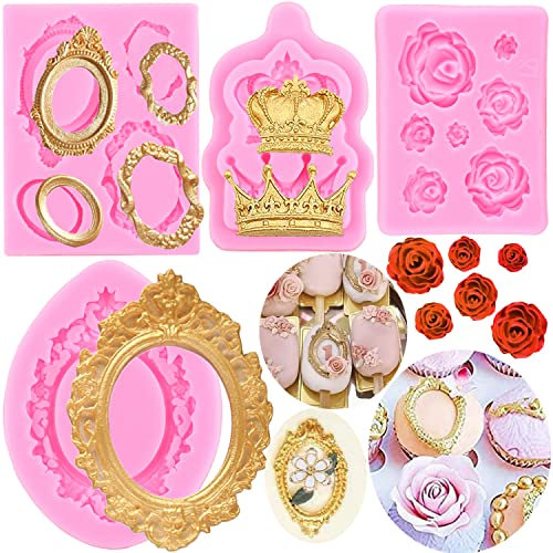 RFGHAC Vintage Rahmen Cupcake Fondant Form Krone Rose Blume Form Barock Stil Fondant Silikonformen Bilder Rahmen Silikonform für Kuchen Dekorieren Gummipaste Polymer Clay 4 Stück