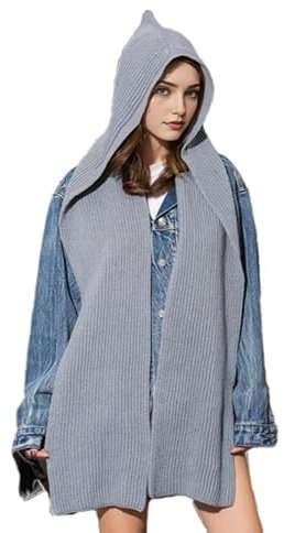 CAMDOM Warmer Winter-Schal, 2-in-1-Mütze, Halswärmer, Kapuzenschal, gestrickt, lange Schals, grau, One size