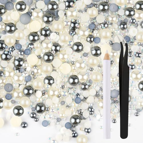 ASTARON 50 g blandade platta strass-halvpärlor för hantverk blandade storlekar 3 mm–10 mm platta strass för hantverk platta pärlor för dekoration av glas, muggar, nagelkonst, skor (silvergrå, vit)