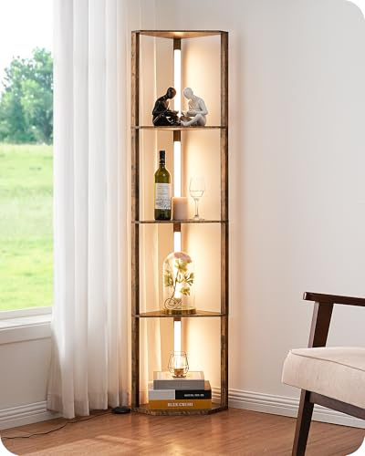 EDISHINE LED Floor Lamps with Shelves, 4 Layers Wood Dimmable Standing Lamp | 360° Rotatable Poles, 3-Colour Temperature & Dimmable, Corner Floor Lamps for Living Room Bedroom Office, Dark Brown