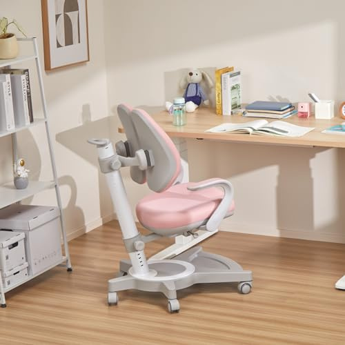 [en.casa] Kinderschreibtischstuhl Partille mit Rollen Kinder Drehstuhl höhenverstellbar Rosa ergonomisch Kinderstuhl mitwachsend 99 x 55 x 76 cm