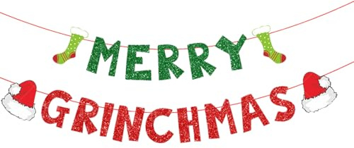XNHIU Cartel de Feliz Grinchmas, pancarta roja y verde de Merry Grinchmas, pancarta de papel con purpurina, suministros de decoración de Navidad para el hogar y la oficina