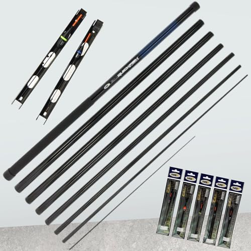 Stipprute 8m Angelrute Pole teleskopierbar Kopfrute mit Spitzenring Stippe aus Fiberglas in 8 Teilen kompaktes Transportmaß inkl. 10 Stippvorfächer und Pose für Match und Karpfenangeln