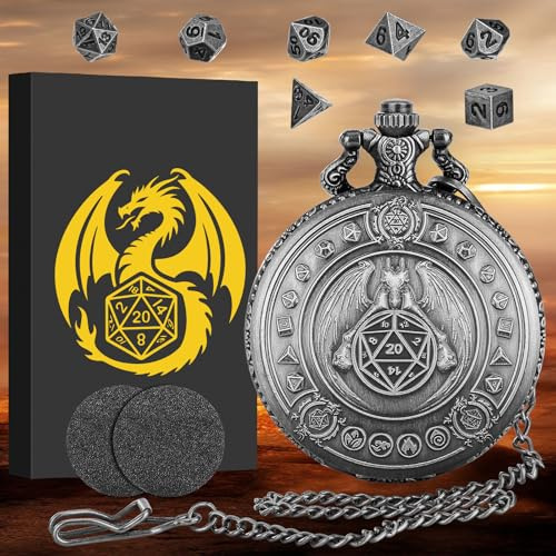 Mini DND Würfel Set mit Drachen Taschenuhr Gehäuse, 7-teiliges Polyedrisches D&D Würfel Set aus Metall, DND Geschenke mit Geschenkbox, Rollenspiel Brettspiel Zubehör Würfel, Dunkles Silber