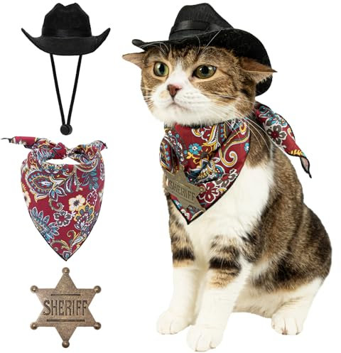 Wodison Cowboy-Kostüm-Set für Hunde und Katzen, Cosplay, Cowboyhut, Bandana, Schal, Sheriff-Abzeichen, Hippie-Kostüm, Cosplay-Zubehör für Welpen, Katzen, Haustier-Urlaub, Party-Dekoration (Schwarz,