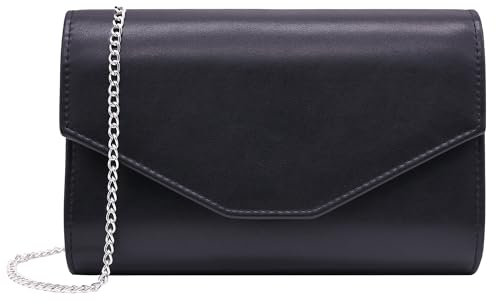 Milisente Damen Clutch Elegant Envelope Handtasche Groß Glattleder Abendtasche mit Schulter Kette(Schwarz-1)
