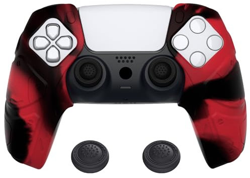 PlayVital Protection pour ps5 Coque Manette,Housse Silicone avec Capuchon pour ps5 Grips Joystick Controller Cover Skin Compatible avec Station de Charge,Édition Méca-Rouge & Noir