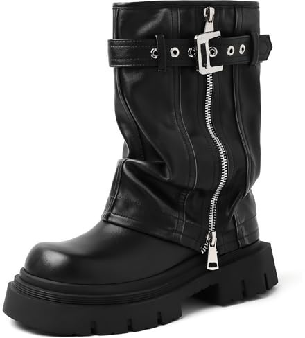YIYA Women's Black Platform Fold Over Biker Mid Calf Boots Belt Buckle Square Toe Chunky Heel Zipper Short Boots Motorcycle Ankle Combat Boots