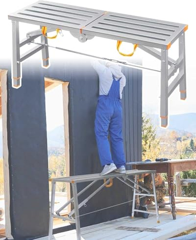 Plataforma de Trabajo Plataforma de Andamio Plegable con Patas Ajustables, Plataforma de Trabajo Antideslizante y de Seguridad, Escalera de Tijera, Taburete de Andamio para Pintores de Exteriores(140x
