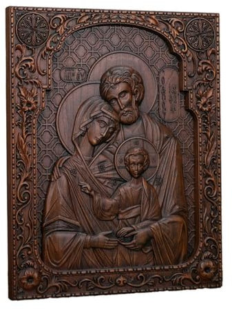 QIADGE Handcrafted Wooden Holy Family Icon Wall Plaque - Christian Religious Decor, Solid European Beech Wood Relief Carving, Catholic Gifts for Home or Church, Sacred Art Wall Hanging(10 * 8 in)