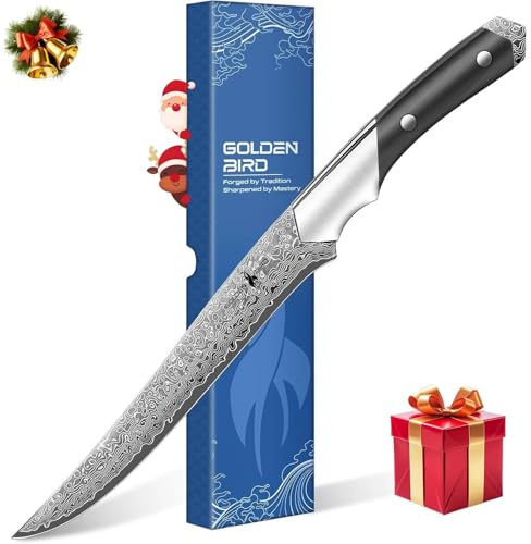 Golden Bird 20cm Filetiermesser, professionelles Ausbeinmesser, hergestellt aus 67 Lagen japanischem Damaststahl, Scharfes Fischmesser aus hochkarbonhaltigem Superstahl mit Geschenkbox – Swan-Serie