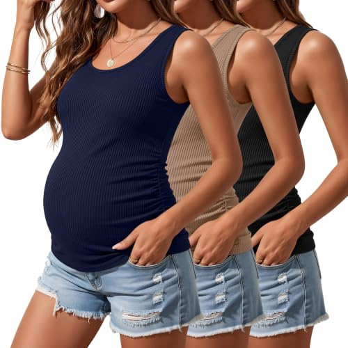Riyiper Confezione da 3 Canotte Premaman da Donna, Senza Maniche, in Cotone, con Lati in Maglia a Coste e Arricciate(Nero, Marrone Chiaro, Blu Navy,M)