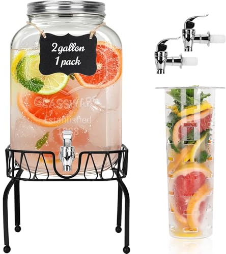 7,6 Liter 1 Packung Getränkespender aus Glas mit Eiskern | Transparenter Getränkespender für Party und Grillen, Saftspender mit Schwarzem Ständer, Zapfhahn, Markern und Kreidetafel