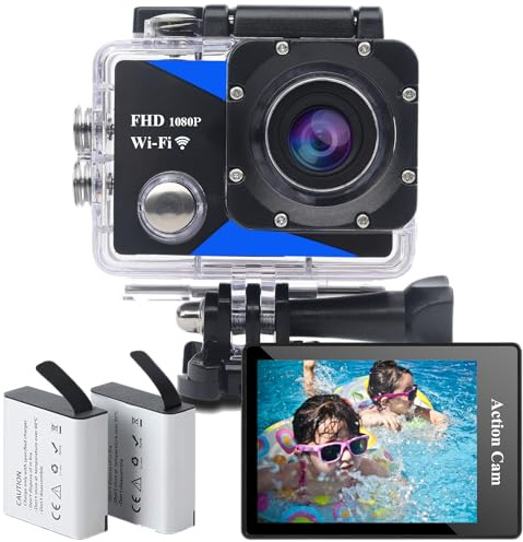 Nvgfelis Action Cam 1080P,WiFi Action Camera con 16GB,Fotocamera Subacquea impermeabile 98FT/30M, Sports Cam con 2×1050 mAh Batteries Ricaricabili e Kit Accessori