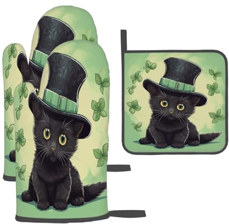 Mexpekil Maniques et gants de four, chapeau de chat noir, gants de cuisson et tapis résistant à la chaleur pour la cuisine, le barbecue, accessoires de cuisine