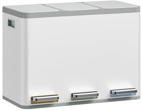 Hzuaneri Cubo de Basura para Reciclaje, Cubos de Reciclaje Cocina con Pedal 3 x 15 L, Contenedor de Acero Inoxidable con Cubos Extraíbles y 1 Rollo de Bolsas de Basura, Blanco SW04599W