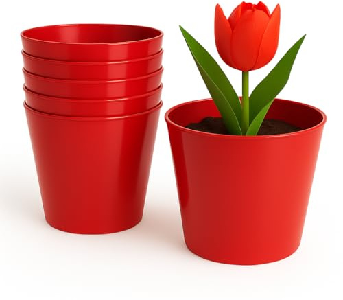 Home Garden Ornaments Plant Pots Indoor 6pcs Glossy Decorative Plastic Flower Pots, Vibrant Decorative Pots (Red, 17cm / 6.7 in)