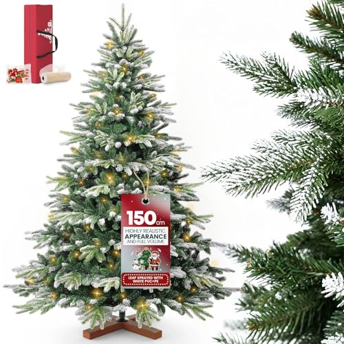 Huracan Albero di Natale artificiale Premium 150 cm con illuminazione, albero di Natale artificiale con supporto in legno e neve, rami densi, alberi di Natale Christmas Trees inclusi set di