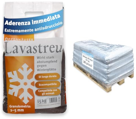 OPPENHÄUSER Granulado de lava 540kg: alto efecto de fricción y antideslizante con acción inmediata, ecológico y seguro para animales, sin sal, para calles y aceras, triturado y cribado, 1/2 palé